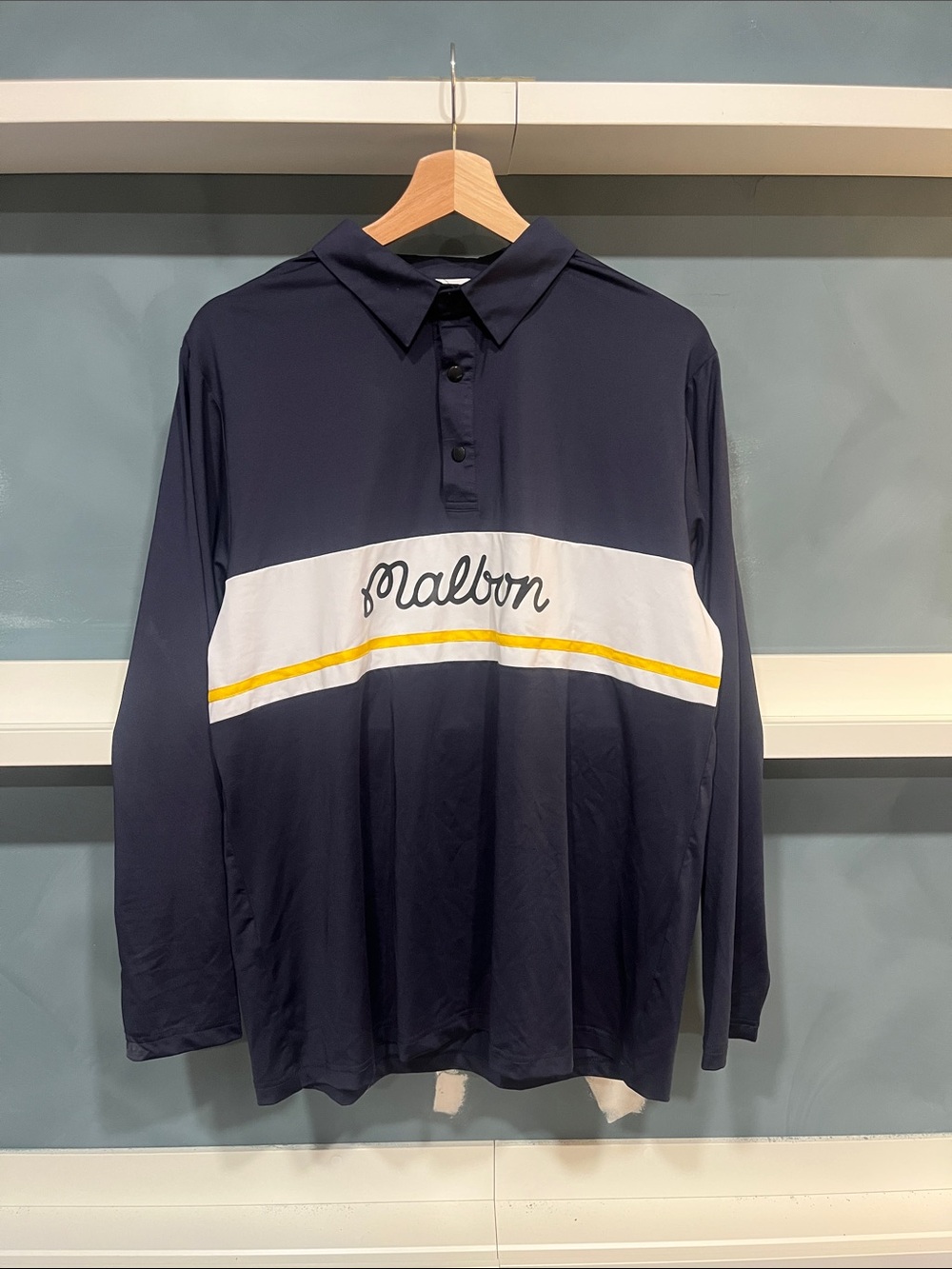 Malbon Women’s Navy Long-Sleeve Button-Down Shirt with White & Yellow Stripe